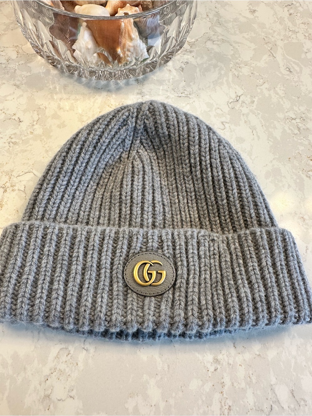 Gucci Gray Ribbed Wool Beanie with Gold GG Logo wool